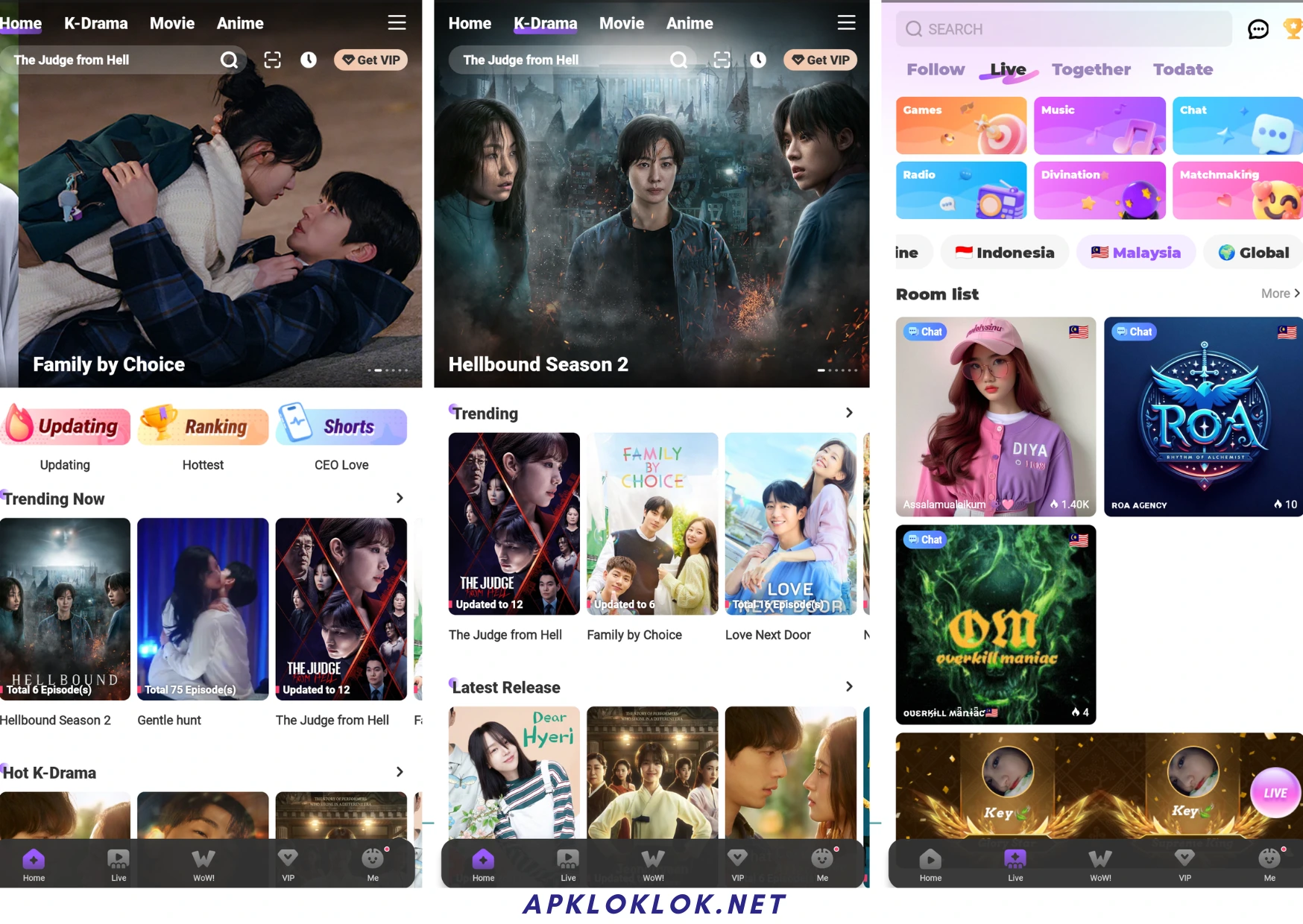 User interface of loklok apk from homepage to movies page